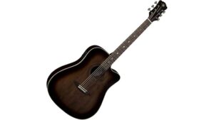 High-quality acoustic guitar with rich sound, perfect for performances and recordings, featuring a sleek design and durable construction.