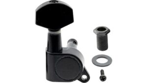 An image of a guitar tuner head along with mounting bolt, washer, and screw, showcasing guitar tuning accessories for precise instrument setup.