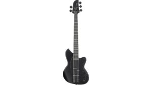 Black acoustic bass guitar with modern design, four strings, and detailed tuning keys, perfect for professional musicians and musical enthusiasts.