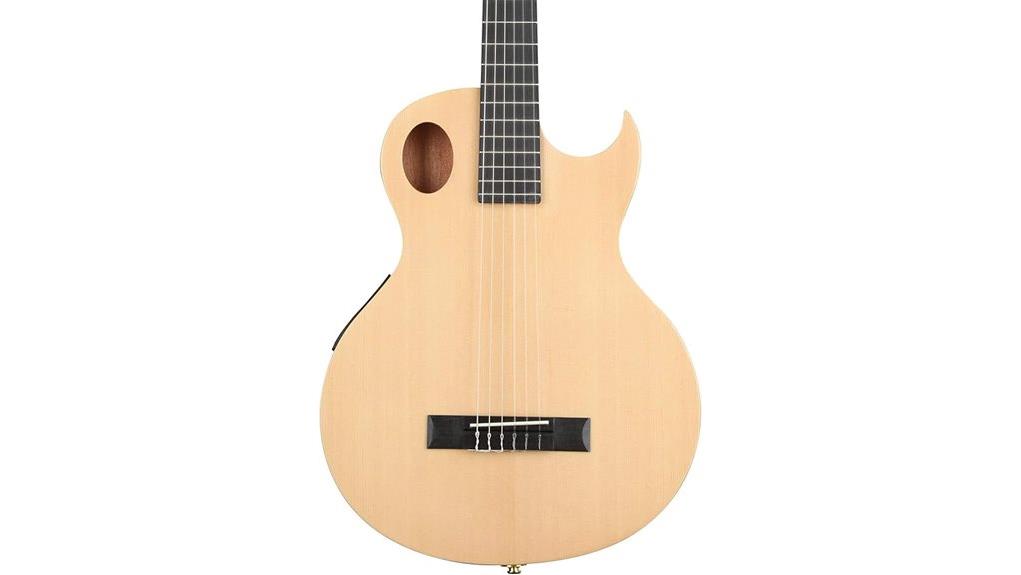 An innovative acoustic guitar featuring a distinctive soundhole shape and sleek wooden finish, perfect for musicians seeking quality sound and modern craftsmanship.