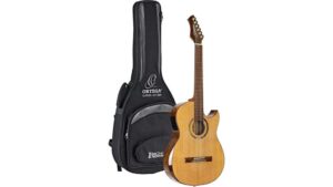 Durable acoustic guitar with wooden body and easy-to-carry gig bag for music practice and performances.
