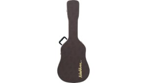 Durable guitar case with black exterior and ergonomic handle, designed for safe transport and storage of musical instruments. Perfect for musicians needing protection on the go.