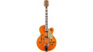 Vintage hollow-body electric guitar with gold hardware and f-holes, perfect for jazz, blues, and rock music enthusiasts. Classic design and high-quality craftsmanship.