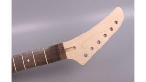 High-quality guitar neck and headstock for electric or acoustic guitars with precise wood craftsmanship.